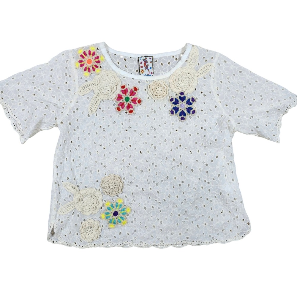 Johnny Was Nydia Applique Eyelet Top Floral Crochet Boho White S - Picture 2 of 10